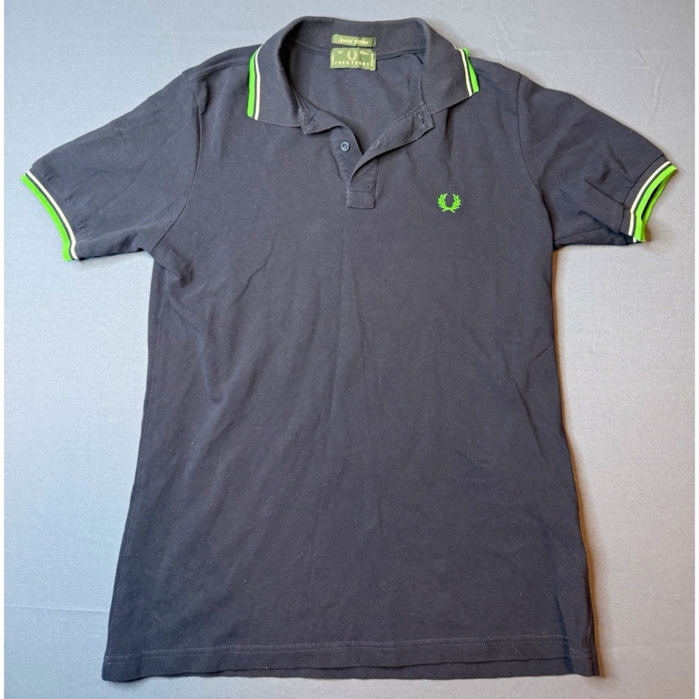 Vintage Fred Perry Special Edition Polo Shirt Men's 44 M Navy Neon Green Tipped